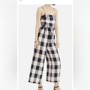 J Crew Women Tie Waist Linen Jumpsuit In Navy Blue Plaid Cropped Sleeveless Sz 2